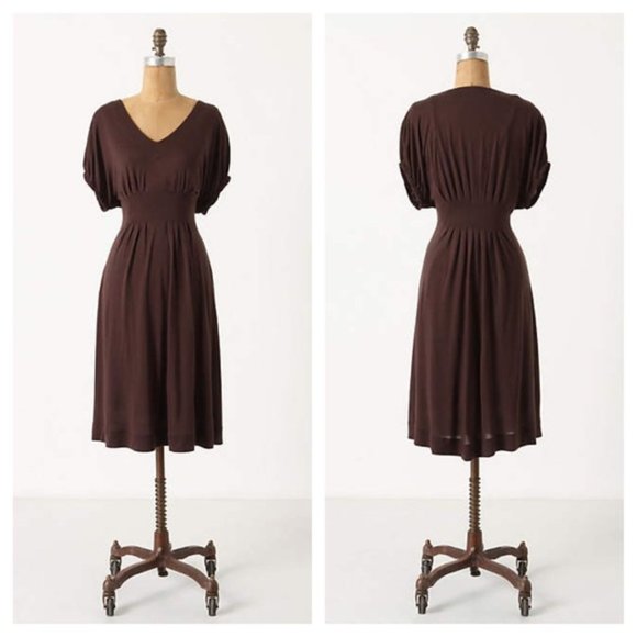 Deletta Back Porch Ruched Dress Chocolate Brown Anthropologie Classic - Picture 1 of 8
